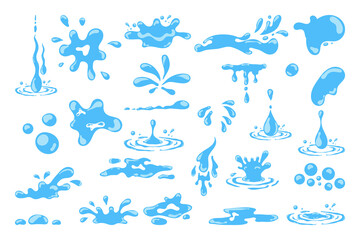 Cartoon blue dripping water drops, splashes, sprays and tears. Liquid flow, wave, stream and puddles. Nature water motion shapes vector set. Illustration of rain water drop, liquid splash
