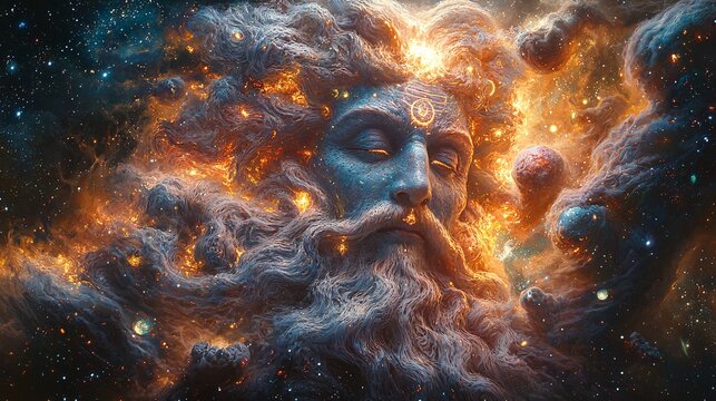 A cosmic Brahma with four glowing faces, surrounded by swirling galaxies and stars, holding the Vedas and other sacred symbols of creation.