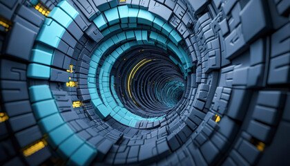 Futuristic tunnel with intricate geometric patterns and neon lights, creating a surreal digital atmosphere.