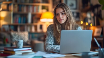 A young woman quickly organizing her desk at home, preparing for an online meeting, surrounded by notebooks and a laptop.