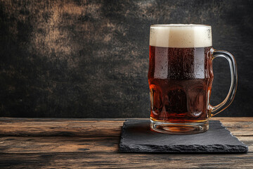 Dark beer mug on the old wood table