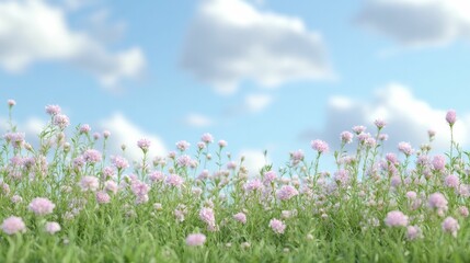 Obraz premium A serene meadow filled with blooming pink flowers under a partly cloudy sky