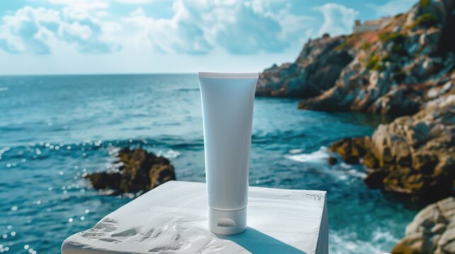 Piece by moccap.Blank white tube template of medical or cosmetic product.Minimalistic white tube of skin care product with coastal ocean background and copywriting