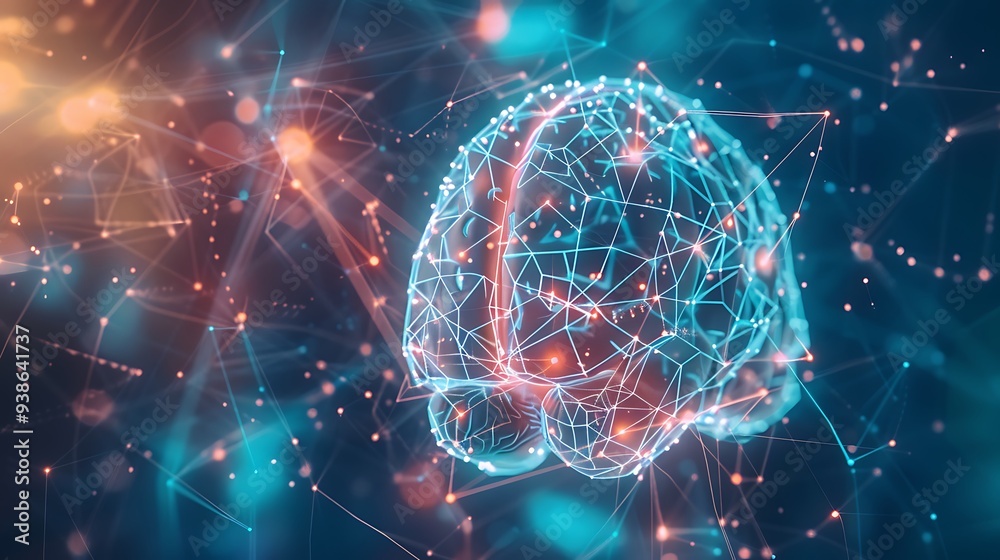 Poster 3d rendered abstract illustration of a human brain embedded in a glowing network, representing a com