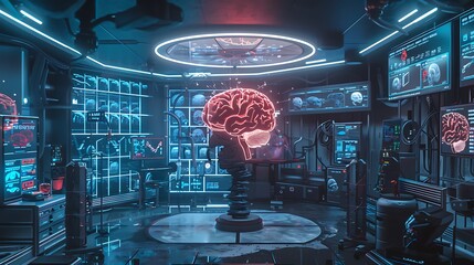 Futuristic lab with a glowing brain at the center, surrounded by computers and technology.