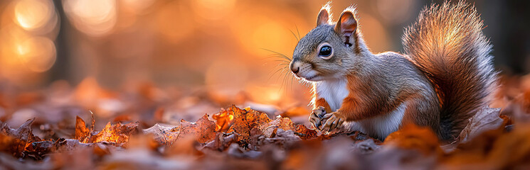 Obraz premium A cute squirrel in search of acorns in the autumn forest.