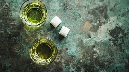 A flat lay of French absinthe with a sugar cube, with copy space available.