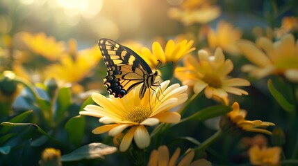 A close-up of a butterfly resting on a bright yellow daisy in a spring garden. 