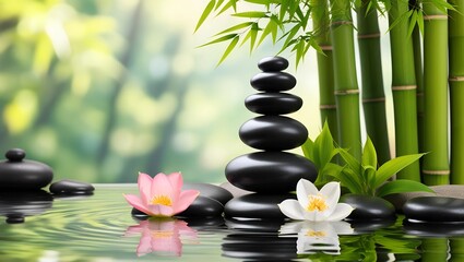 Zen Stones, Bamboo, and Water in a Serene Garden Illustration for Wellness and Spa Concepts