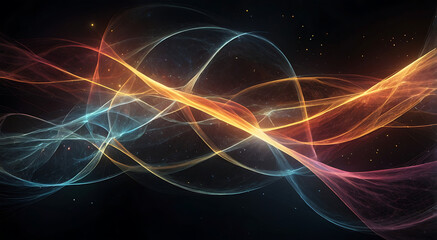 An abstract digital illustration of quantum particles in motion, with vibrant energy trails and entangled states represented by interlocking waves, floating in a dark void with copy space.