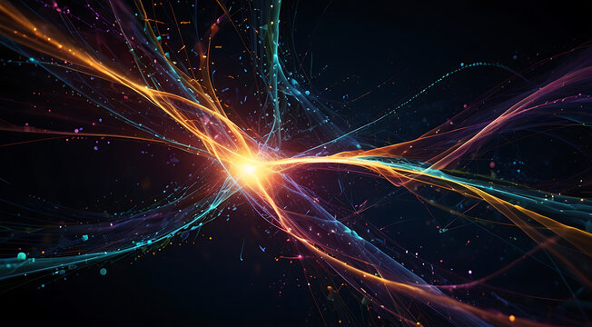 An abstract digital illustration of quantum particles in motion, with vibrant energy trails and entangled states represented by interlocking waves, floating in a dark void with copy space.