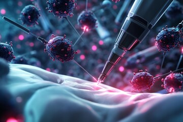 The CGI  features a swarm of nanoscale robots conducting microsurgery within the human body. The robots are shown in close-up, with intricate detailing of their miniature components and surgical