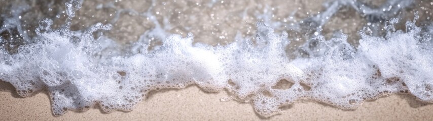 Naklejka premium Frothy Ocean Waves on Sandy Beach, dynamic textures of crashing waves, fine bubbles on wet sand, invigorating coastal scene, ideal for vibrant backgrounds and designs