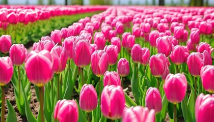 Obraz premium Blooming with joy A vibrant field of pink tulips