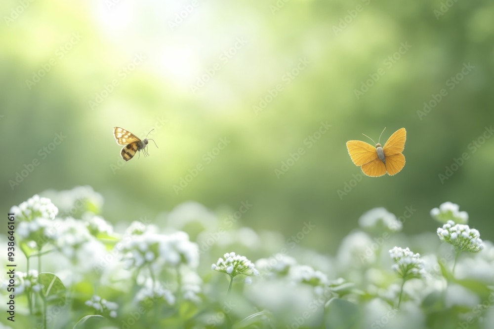 Sticker Two butterflies gracefully dance above a field of blossoming white flowers on a sunny day