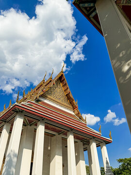 Church or old temple inside an old temple in Thailand Art is ancient, Picture of the Ubosot of Wat Ratchanatda Ratcha Wora Maha Wihan with a beautiful clear sky background.