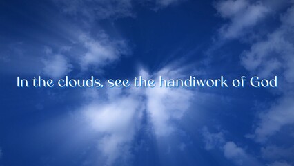 motivational phrase about faith and god on the background of glowing clouds on blue sky