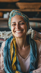 Smiling Post-Chemotherapy Woman Radiating Positivity for Breast Cancer Awareness
