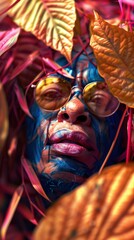 Obraz premium Vibrant and Enigmatic Digital Portrait of an Exotic Individual Amidst Lush Tropical Foliage
