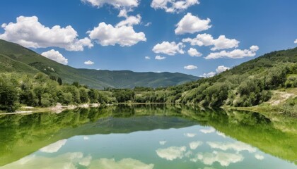 Fototapeta premium Tranquil lake nestled amidst verdant mountains under a clear sky