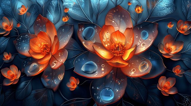 Hyper-Realistic Symmetrical Stained Glass Flower Pattern in Blue and Orange