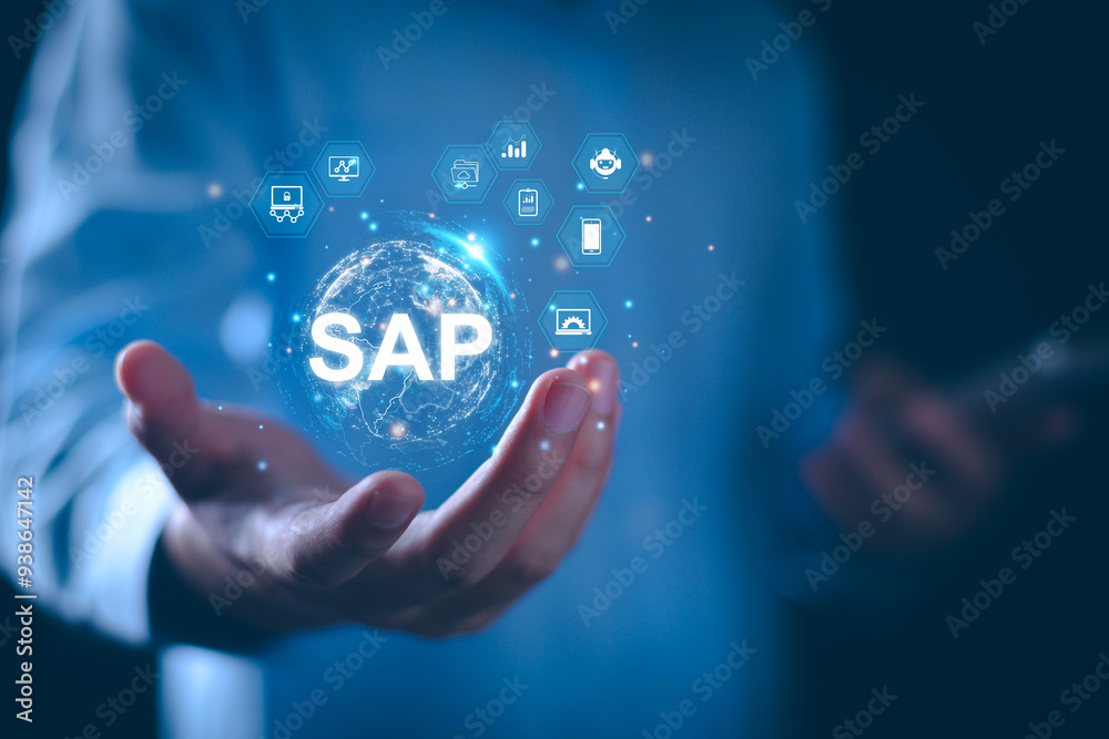 Wall mural sap system application products. business process automation and management software concept. busine