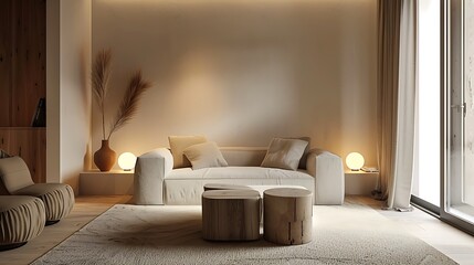 modern minimalist living room with a white couch, wooden coffee table, a rug, and natural light coming from a large window. The walls are painted in a soft beige color.