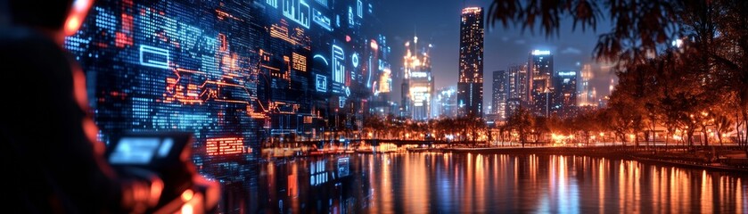 Obraz premium Vibrant city skyline at night, illuminated by neon lights reflecting on water, showcasing modern urban life and technology.