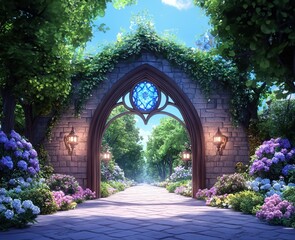 Fototapeta premium A serene garden pathway framed by lush greenery and colorful flowers, inviting exploration through an ornate stone archway.