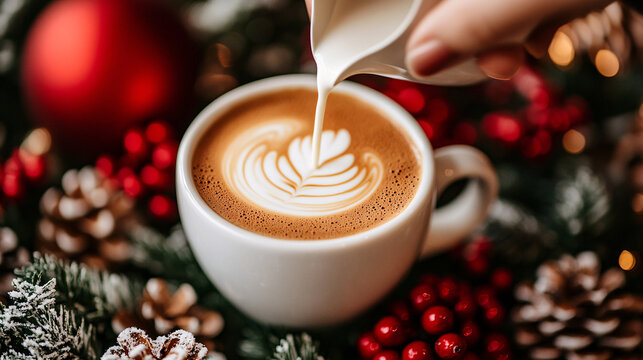 Barista creating a leaf design in a latte with milk, surrounded by festive christmas decor