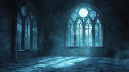 Gothic windows with moonlight streaming through, casting shadows,