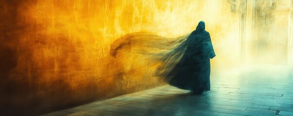 A mysterious figure cloaked in shadows, walking through a vibrant, abstract environment filled with mesmerizing colors.