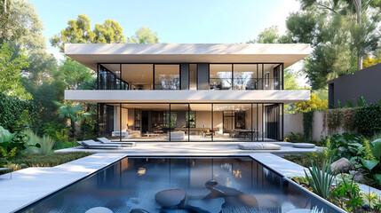 Fototapeta premium Modern house with large windows overlooking a beautiful green garden and a large infinity pool