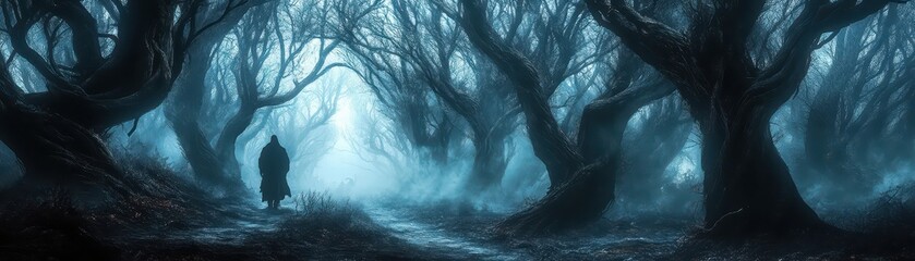 Dark forest with twisted trees and shadowy figures,