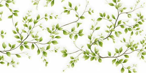 Obraz premium Seamless Green Leaves with Brown Branch Pattern on White Background, Decorative Design for Home Decor, Fashion, Stationery, Web Design, Packaging, Bedding, Tableware, Tote Bags, Phone Case