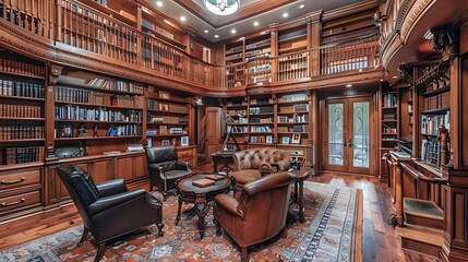 Grand library with walnut bookcases and leather armchairs for creating perfect space for reading and relaxation classic interior intellectual concept.