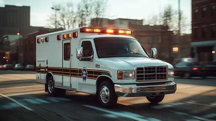 Fototapeta premium An ambulance speeding through urban streets, symbolizing emergency response and public health services.