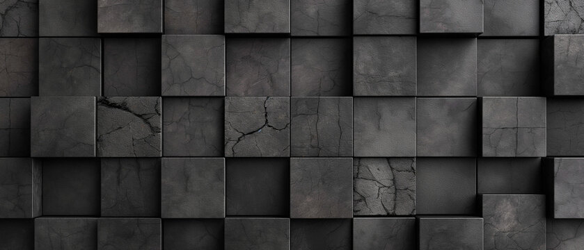 Fototapeta A close up of a black and grey stone wall with a lot of cracks and holes. The wall is made up of many small squares