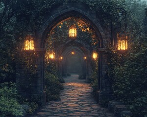 Obraz premium Gothic archway illuminated by flickering lanterns along a winding path,