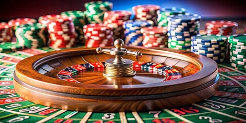 A close-up image of a roulette table with a stack of poker chips, casino, gambling, entertainment, roulette, table, stack