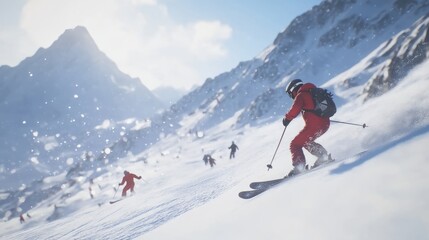 A winter sports scene with people skiing and snowboarding on a snowy mountain, capturing the excitement and adventure of snowy outdoor activities