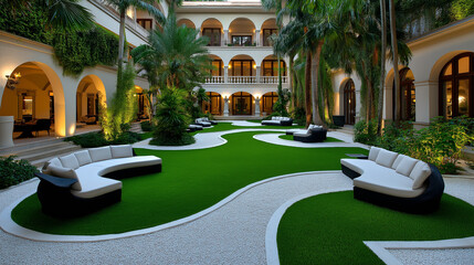 Obraz premium A luxurious hotel garden with well-maintained landscaping and comfortable seating