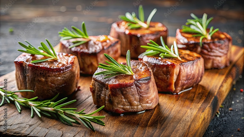 Wall mural succulent steak bites garnished with fresh rosemary, beef, appetizer, skewers, grilled, savory, herb