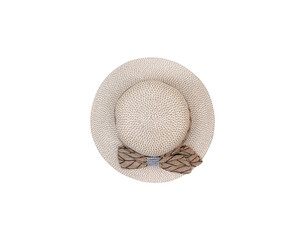 Woman's straw hat top view decorative with brown fabric bow isolated on white background ,clipping path