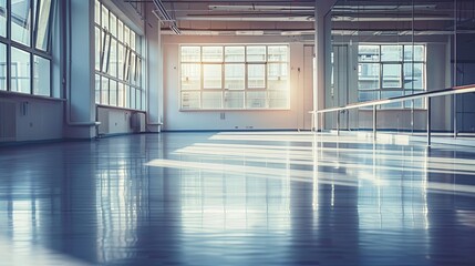 Serene Solitude: Sunlight Bathes an Empty Dance Studio, Barre and Mirrors Reflecting Warmth, Polished Floor Glowing with Tranquility