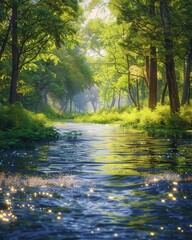 River forest view in the summer with crystal water, Vertical
