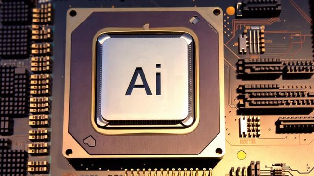 Top view of a computer microchip with the 'AI' label at the center, generative ai