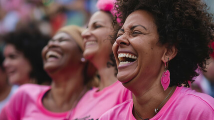 Obraz premium Women in Pink Shirts Laughing Together at Breast Cancer Awareness Event 