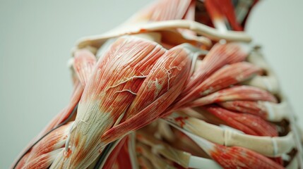 Detailed view of human muscles anatomy in upper body, showcasing intricate muscular structures and fibrous texture for medical or educational use.