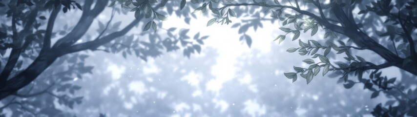 Obraz premium Misty Forest Canopy Textures, serene woodland ambiance with cool green and blue hues, perfect for creating calming backgrounds, ethereal and minimalist atmosphere, tranquil space